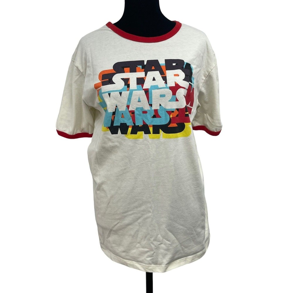 Star Wars Shirt Mens M White Ringer Graphic Short Sleeve Disney Cotton Blend Red
